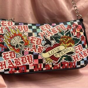 Ed Hardy Y2K Love Eternal Skull & Rose Shoulder Bag Rhinestone Print Baguette